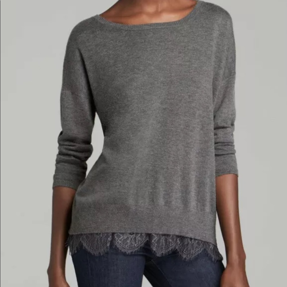Joie Hilano Gray Lace Trim Long Sleeve Sweater